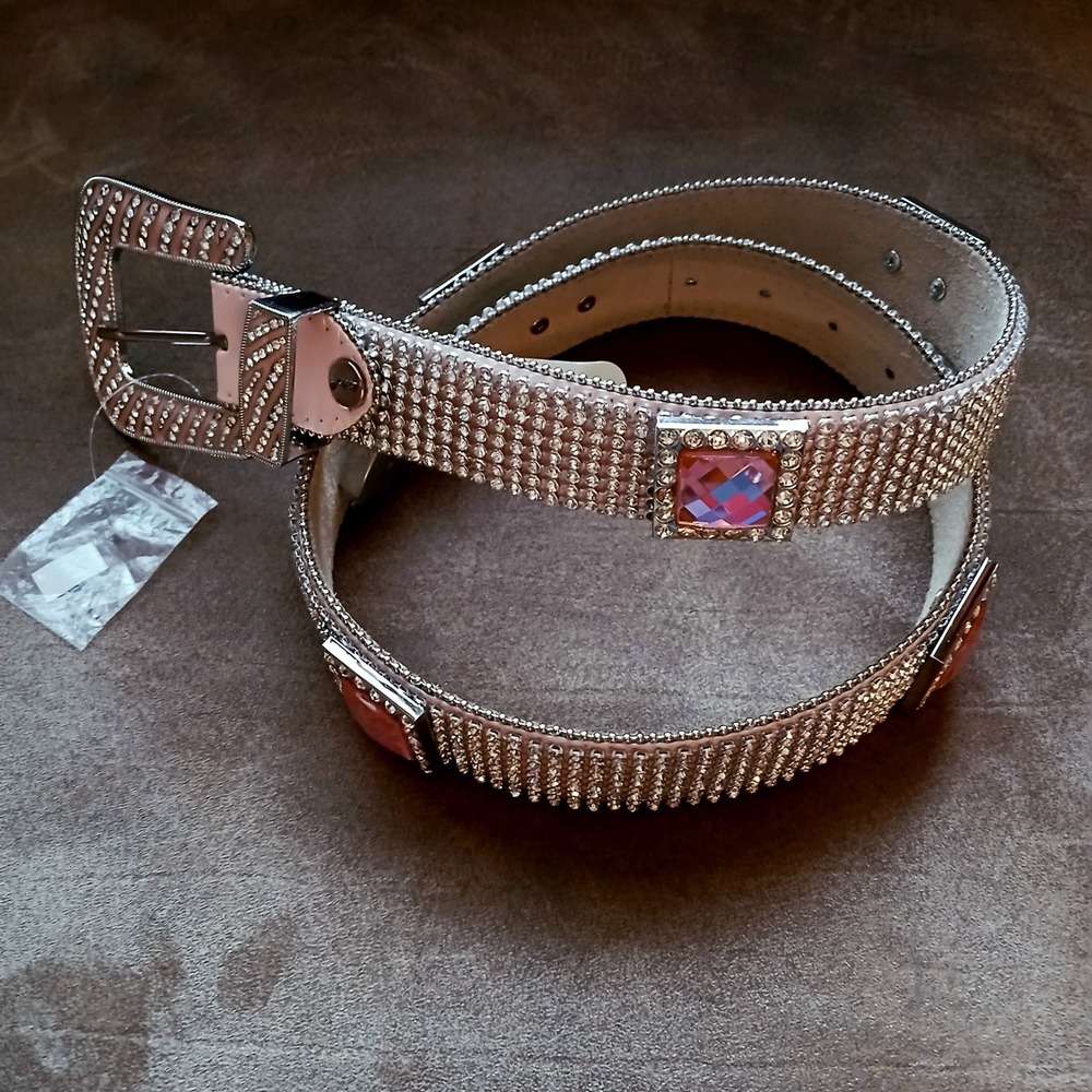 BHW Rhinestone Embellished Pink Belt Silver Tone Buckle Women's Size Large 34-38
